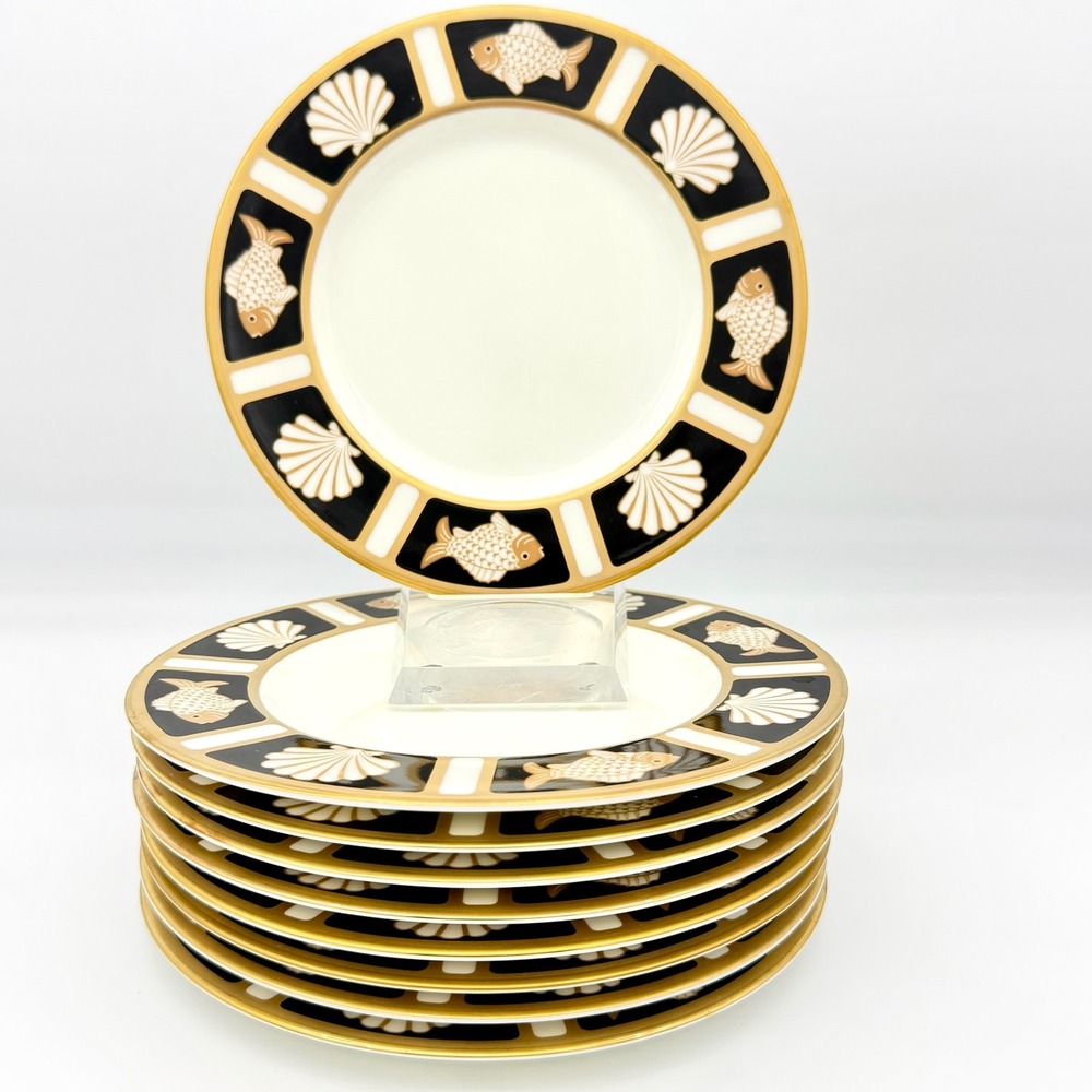 Mikasa Home Set 9 Plates 7.5" Bone China Fish Shell Onyx Blk Wht Gold-Tone